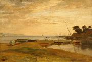 Albert Hertel Coastline at low tide in the evening light. Resting in the foreground dry sailing boats Spain oil painting artist
